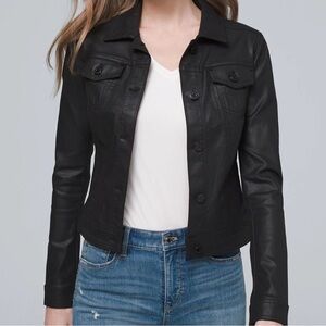 WHBM Outlet Black Faux Leather Coated Jacket Stretch Womens Size 12 Moto Trucker
